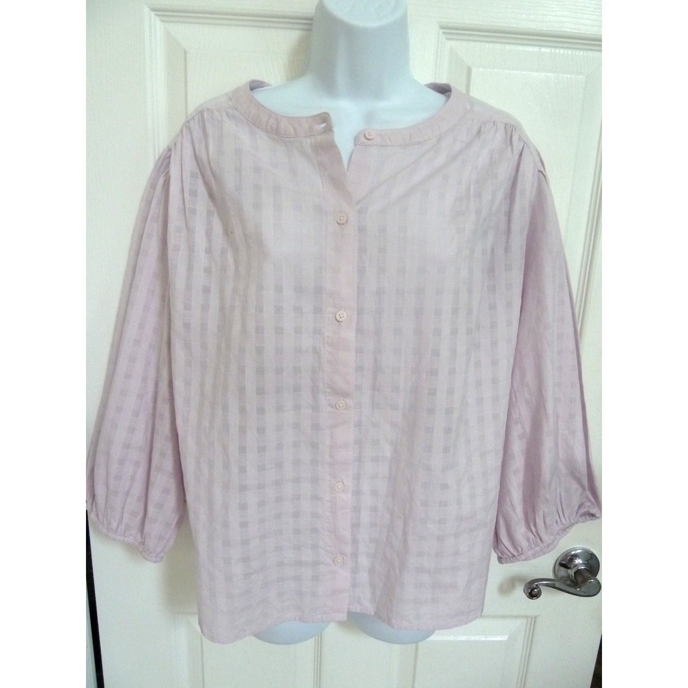 Old Navy XL Lavender Pink Check Balloon Sleeve Button Up Peasant Blouse Cropped